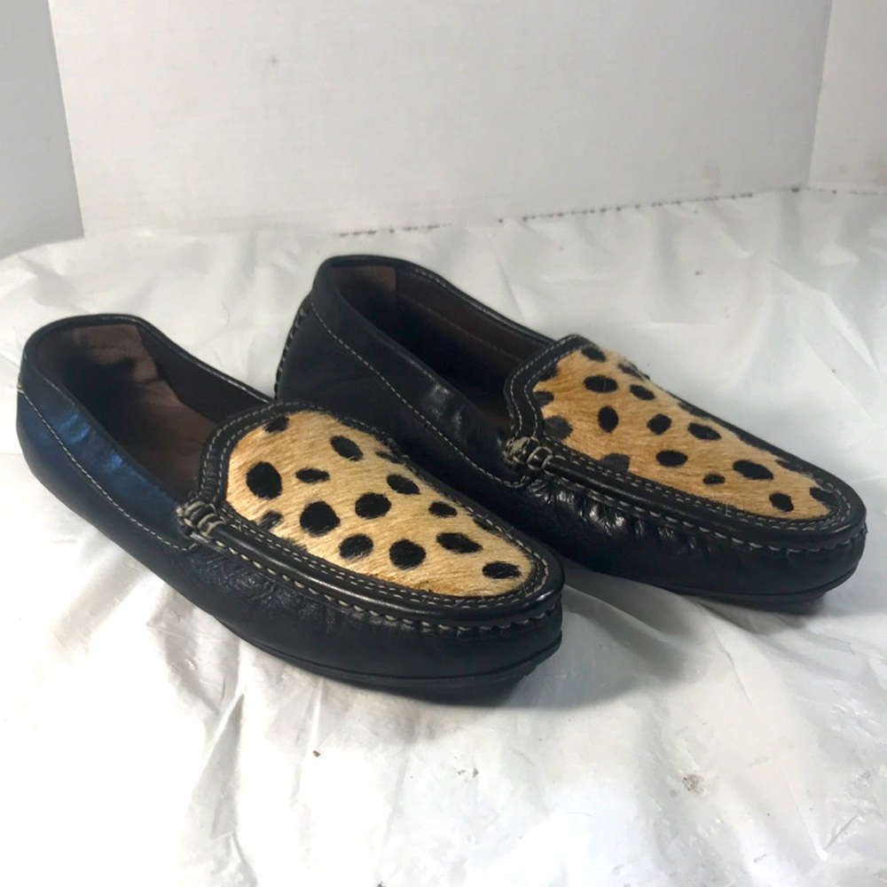 African TSONGA Unisex Black Leather and Spotted Calf Fur Driving Loafers Shoes